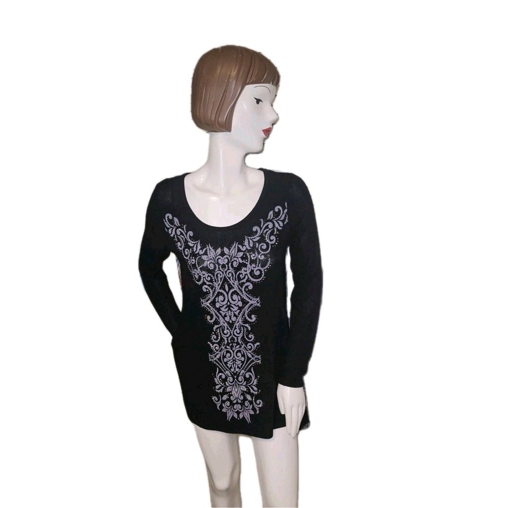 Vocal Women Long Sleeve‎ Tunic Shirt Rhinestone Asymmetrical Hem W/abstract Back
